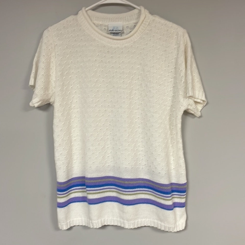 Bobby Brooks Women's sweater, large, white with stripes, short sleeves, acrylic